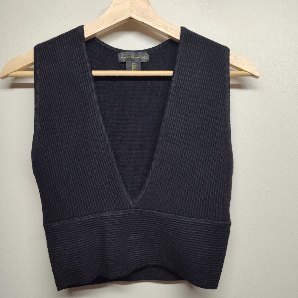 House Of Harlow 1960 Crop Top Women Size S Black Ribbed Sleeveless V-Neck Casual